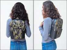 Load image into Gallery viewer, Handmade black vegan faux leather and fabric backpack purse for women