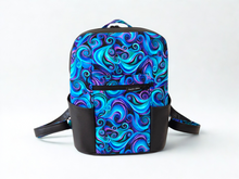 Load image into Gallery viewer, Black blue and purple vegan faux leather and fabric backpack purse