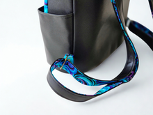 Load image into Gallery viewer, Black blue and purple vegan faux leather and fabric backpack purse