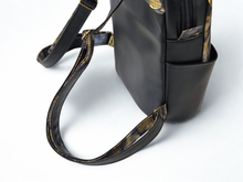 Load image into Gallery viewer, Handmade black vegan faux leather and fabric backpack purse for women