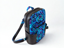 Load image into Gallery viewer, Black blue and purple vegan faux leather and fabric backpack purse