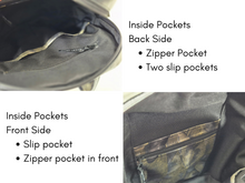 Load image into Gallery viewer, Handmade black vegan faux leather and fabric backpack purse for women