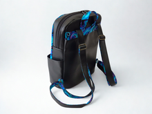 Load image into Gallery viewer, Black blue and purple vegan faux leather and fabric backpack purse