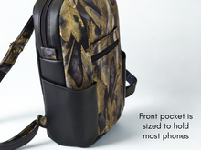 Load image into Gallery viewer, Handmade black vegan faux leather and fabric backpack purse for women