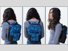 Load image into Gallery viewer, Black blue and purple vegan faux leather and fabric backpack purse