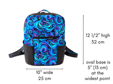 Load image into Gallery viewer, Black blue and purple vegan faux leather and fabric backpack purse