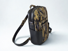 Load image into Gallery viewer, Handmade black vegan faux leather and fabric backpack purse for women