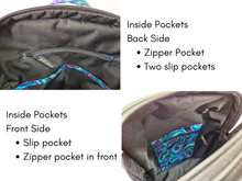 Load image into Gallery viewer, Black blue and purple vegan faux leather and fabric backpack purse