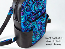 Load image into Gallery viewer, Black blue and purple vegan faux leather and fabric backpack purse
