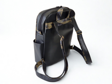 Load image into Gallery viewer, Handmade black vegan faux leather and fabric backpack purse for women