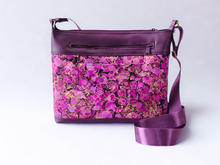 Load image into Gallery viewer, Purple vegan faux leather and fabric multi pocket cross body purse