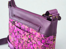 Load image into Gallery viewer, Purple vegan faux leather and fabric multi pocket cross body purse