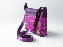 Load image into Gallery viewer, Purple vegan faux leather and fabric multi pocket cross body purse
