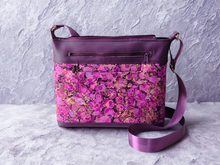 Load image into Gallery viewer, Purple vegan faux leather and fabric multi pocket cross body purse