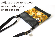 Load image into Gallery viewer, Black vegan leather and cat fabric small crossbody purse for cat lover