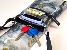 Load image into Gallery viewer, Gray black and gold marble fabric small crossbody phone bag for women