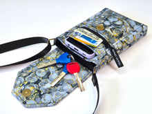 Load image into Gallery viewer, Gray black and gold fabric small crossbody cell phone purse for women