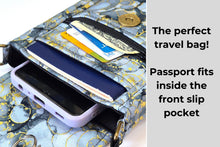 Load image into Gallery viewer, Gray black and gold fabric small crossbody cell phone purse for women