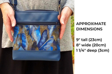 Load image into Gallery viewer, Blue faux vegan leather and fabric small crossbody purse for women