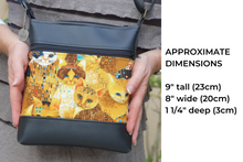Load image into Gallery viewer, Black vegan leather and cat fabric small crossbody purse for cat lover