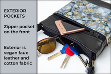Load image into Gallery viewer, Gray, black, and metallic gold vegan leather small crossbody purse for women with pockets
