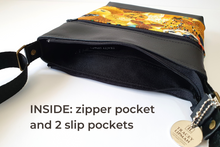 Load image into Gallery viewer, Black vegan leather and cat fabric small crossbody purse for cat lover