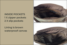 Load image into Gallery viewer, Brown vegan leather and olive green corduroy small crossbody bag for women