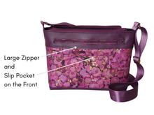 Load image into Gallery viewer, Purple vegan faux leather and fabric multi pocket cross body purse