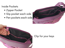 Load image into Gallery viewer, Purple vegan faux leather and fabric multi pocket cross body purse