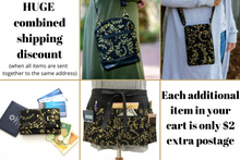 Load image into Gallery viewer, Cell phone purse - black fabric with metallic gold music design