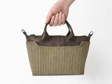 Load image into Gallery viewer, Brown vegan leather and olive green corduroy mini tote bag