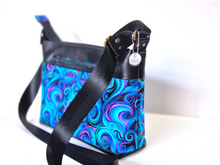 Load image into Gallery viewer, Blue and purple vegan friendly faux leather and fabric crossbody purse
