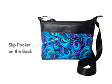 Load image into Gallery viewer, Blue and purple vegan friendly faux leather and fabric crossbody purse
