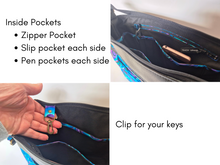 Load image into Gallery viewer, Blue and purple vegan friendly faux leather and fabric crossbody purse