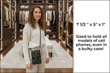 Load image into Gallery viewer, Black and gold fabric small crossbody cell phone purse vegan phone bag