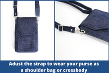 Load image into Gallery viewer, Denim phone bag with pockets for small everyday carry essentials
