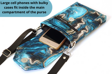 Load image into Gallery viewer, Crossbody cell phone purse, blue turquoise agate slice geode phone bag
