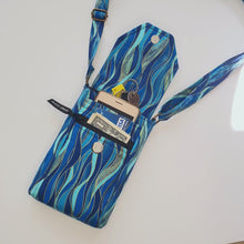 Load and play video in Gallery viewer, Crossbody cell phone purse - blue turquoise gold grab and go phone bag
