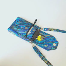 Load and play video in Gallery viewer, Crossbody phone bag - small cross body purse - blue gold purple marble design
