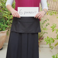 Load and play video in Gallery viewer, Black half apron with pockets - zipper pocket waist apron

