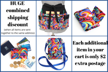 Load image into Gallery viewer, Minimalist crossbody cell phone bag in colorful retro spiral fabric
