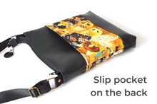 Load image into Gallery viewer, Black vegan leather and cat fabric small crossbody purse for cat lover