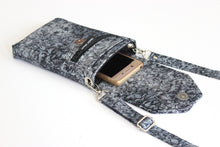 Load image into Gallery viewer, Crossbody phone purse - gray and black fabric with metallic silver