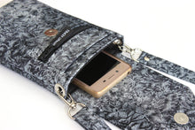 Load image into Gallery viewer, Crossbody phone purse - gray and black fabric with metallic silver