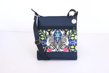 Load image into Gallery viewer, Blue vegan leather and zebra print fabric small crossbody bag for women