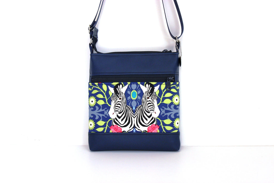 Blue vegan leather and zebra print fabric small crossbody bag for women