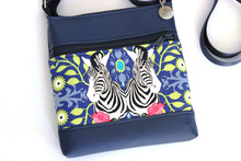 Load image into Gallery viewer, Blue vegan leather and zebra print fabric small crossbody bag for women