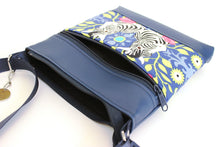 Load image into Gallery viewer, Blue vegan leather and zebra print fabric small crossbody bag for women