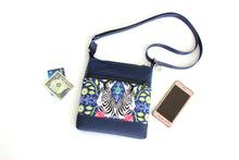 Load image into Gallery viewer, Blue vegan leather and zebra print fabric small crossbody bag for women