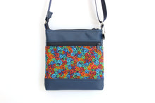 Load image into Gallery viewer, Blue vegan leather small crossbody bag - rainbow swirl fabric purse
